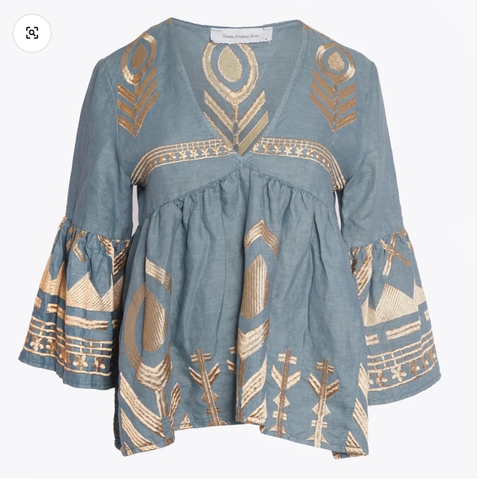 Greek Archaic Kori 100% Linen Top blue gold